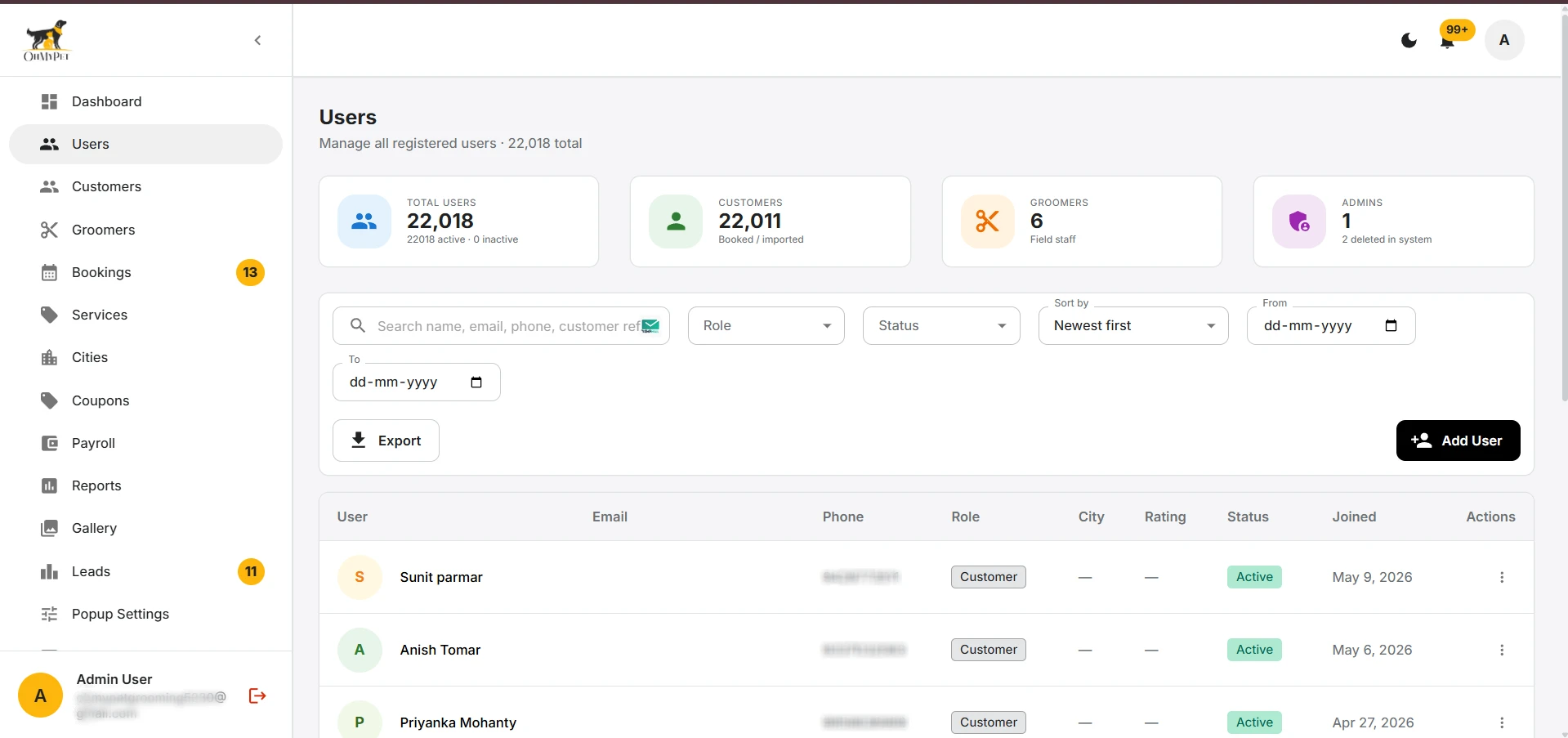 OhMyPet admin CRM dashboard — unified lead management built by The Tous